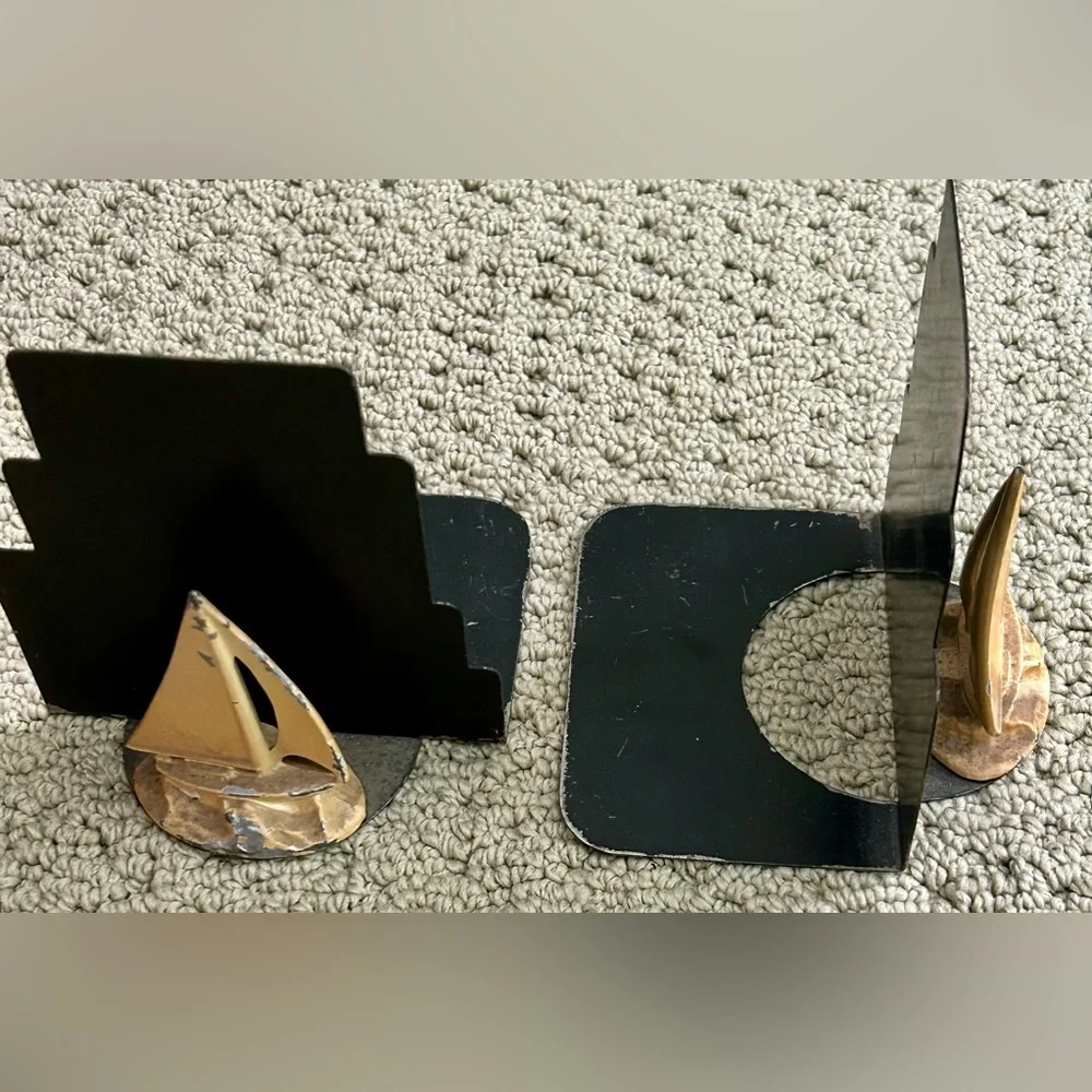 Vintage MCM Metal Sailboat Boat Pair Bookends - Black Dull Gold Nautical Retro